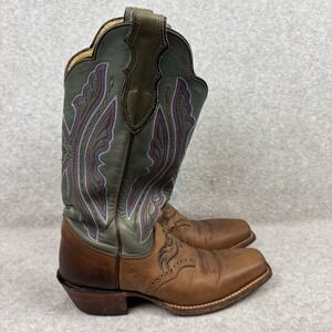 Vtg Justin Boots Women's Cowboy Size 6.5B Square Toe 12675 Western Brown Blue
